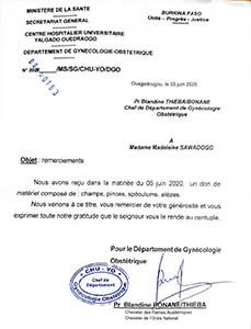 Lettre remerciement du Pr Blandine BONANE/THIEBA
