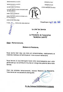 Lettre remerciement du Pr. Ag. Solange OUEDRAOGO/YUGBARE