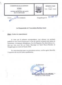 Lettre remerciement du DR W. Aimé Désiré KABORE
