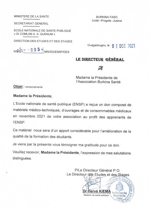 Lettre remerciement du Dr Hervé KIEMA